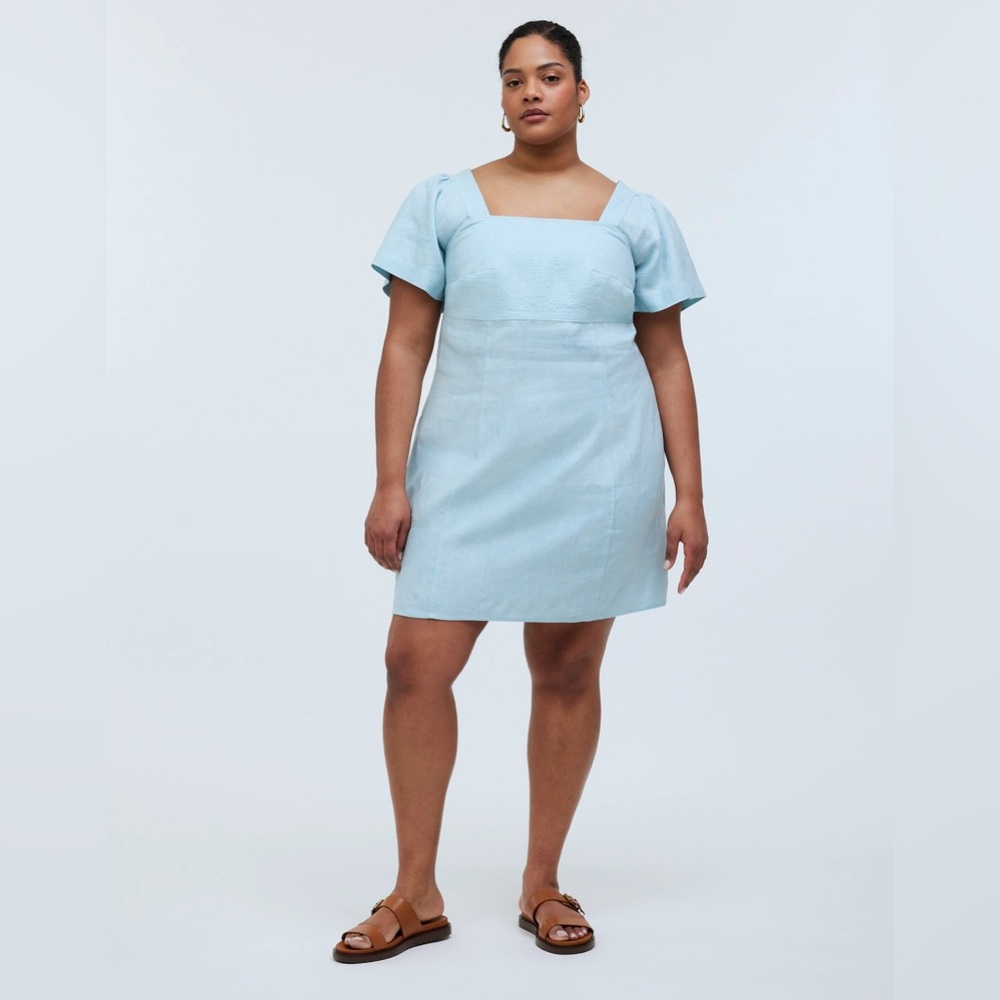NWT Madewell Plus Square-Neck Mini Dress in 100% Linen - 2X Blue Heron - Picture 1 of 10